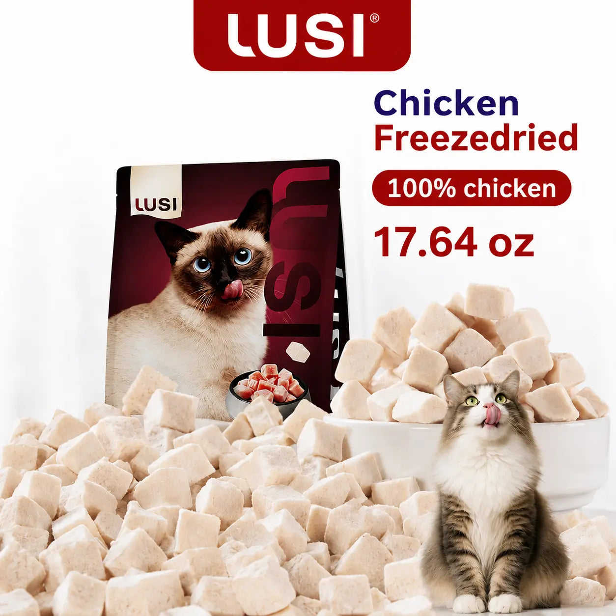 Lusi Premium Freeze-Dried Chicken Chunks Dry Cat Food & Treat - 17.64 Oz, Supports Feline Nutrition, Dry Food