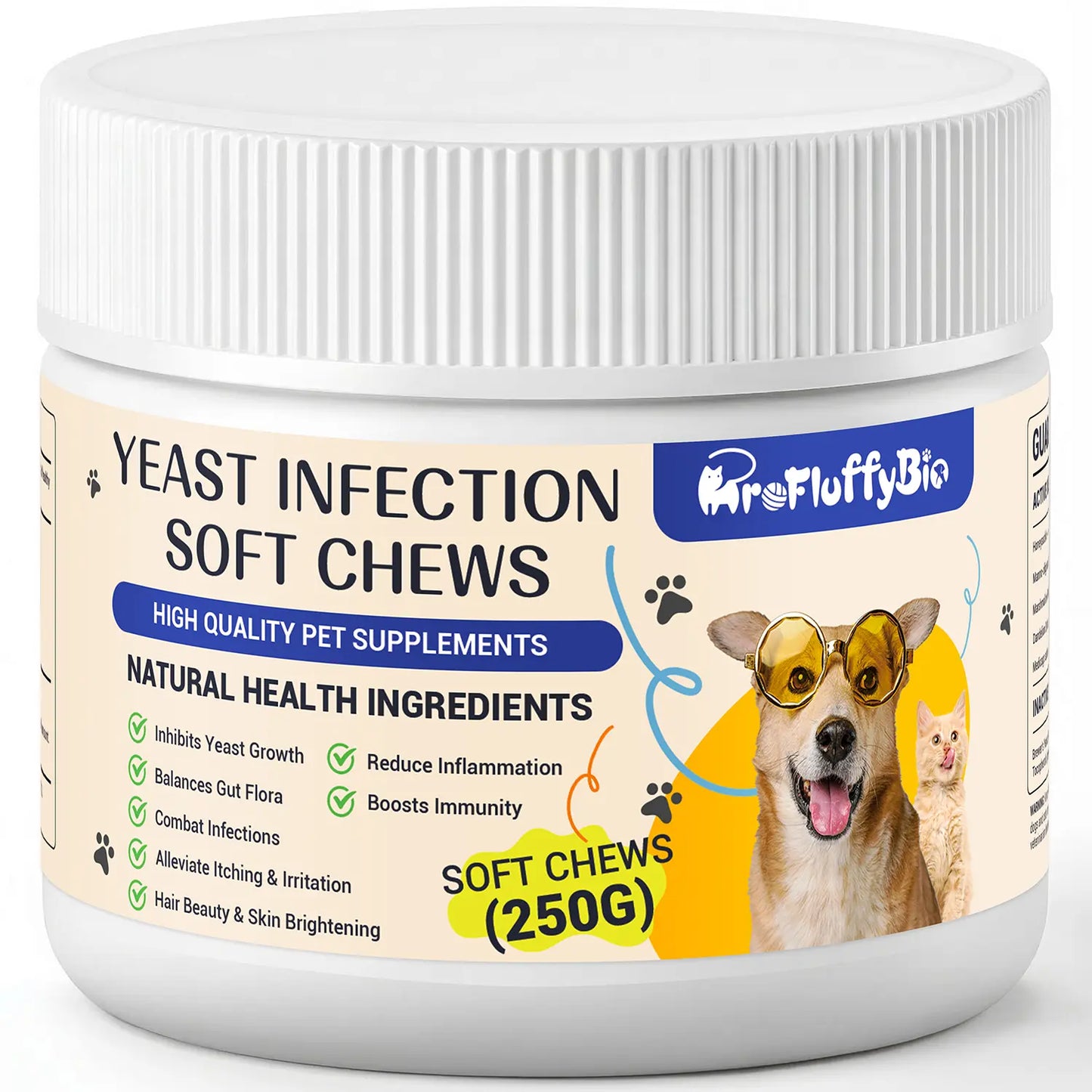 Profluffybio Natural Dog Yeast Infection Treatment - Itchy Skin & Ear Relief, Reduces Inflammation & Irritation, Soothes Allergy Symptoms - Herbal Supplement Soft Chews for Dogs' Healthy Itch Relief (250G)
