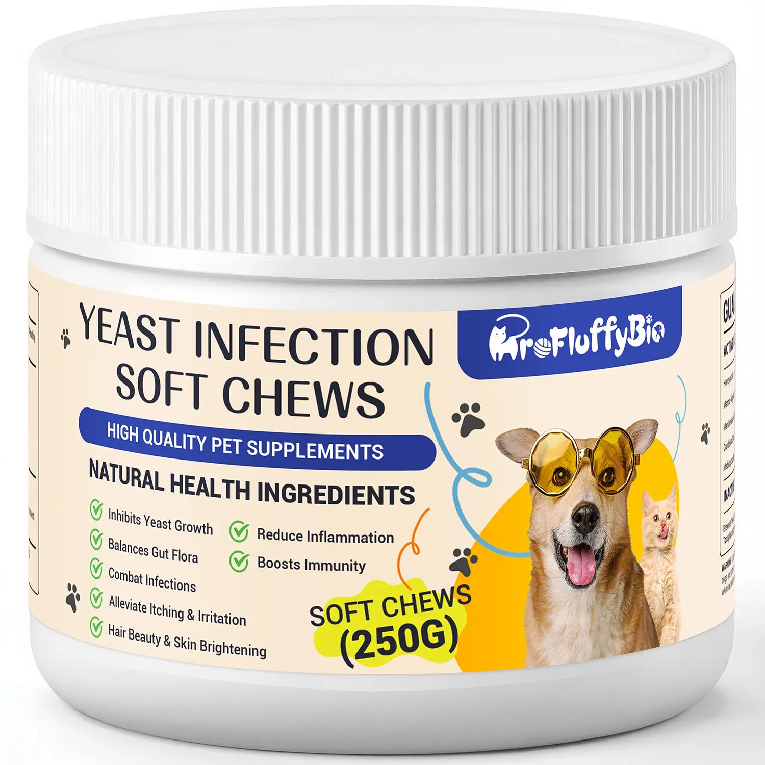 Profluffybio Natural Dog Yeast Infection Treatment - Itchy Skin & Ear Relief, Reduces Inflammation & Irritation, Soothes Allergy Symptoms - Herbal Supplement Soft Chews for Dogs' Healthy Itch Relief (250G)