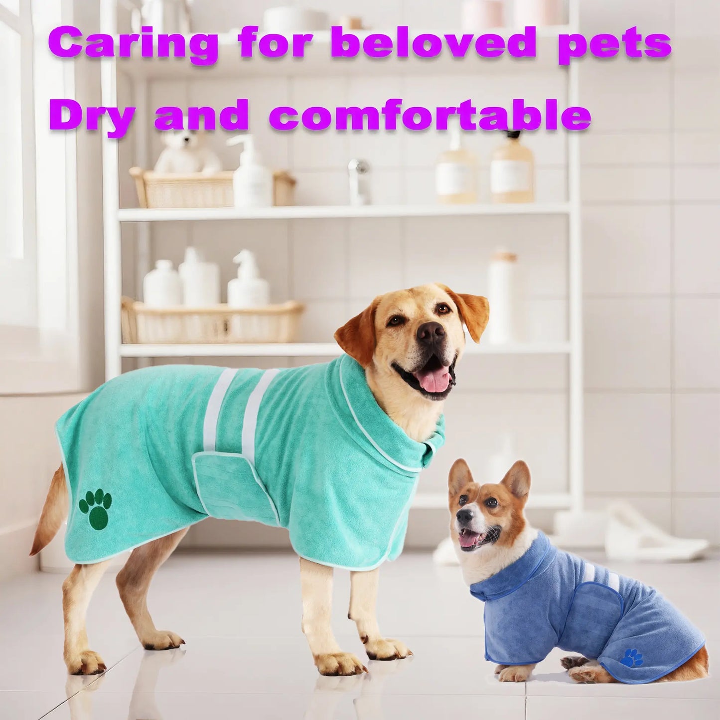 1 Pack Quick-Drying Dog Bathrobe, Terry Pet Robe Supplies with Adjustable Belly Band and Paw Embroidery, Super-Absorbent Soft Fabric #GLOBAL PICKS
