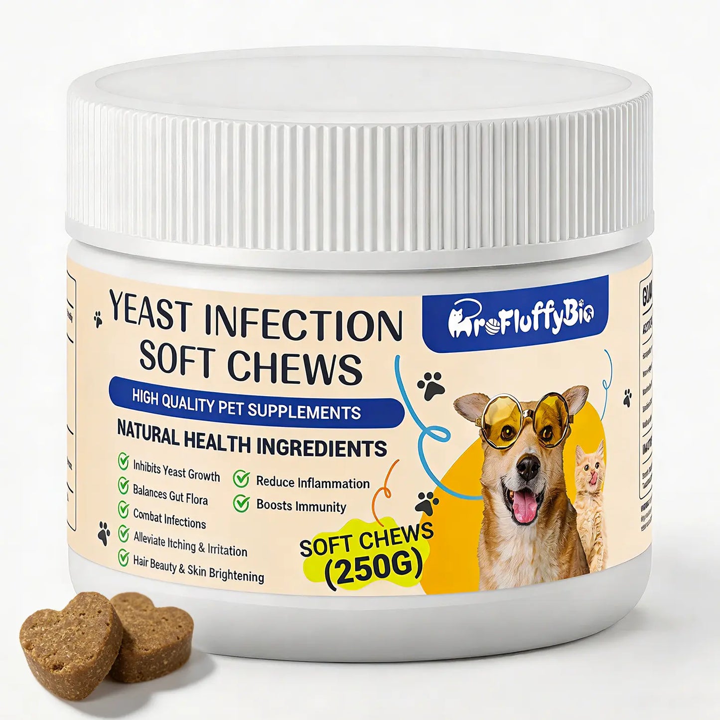 Profluffybio Natural Dog Yeast Infection Treatment - Itchy Skin & Ear Relief, Reduces Inflammation & Irritation, Soothes Allergy Symptoms - Herbal Supplement Soft Chews for Dogs' Healthy Itch Relief (250G)